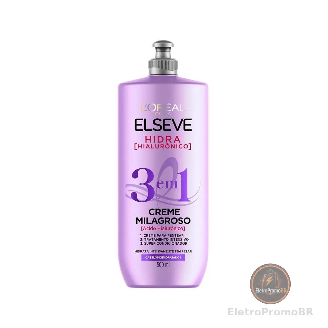 Elseve Hidra Hialurônico Creme Milagroso 3 em 1 com Ácido Hialurônico para Hidratação Intensa, Preenchimento dos Fios e Controle de Frizz, Uso Versátil 500ml