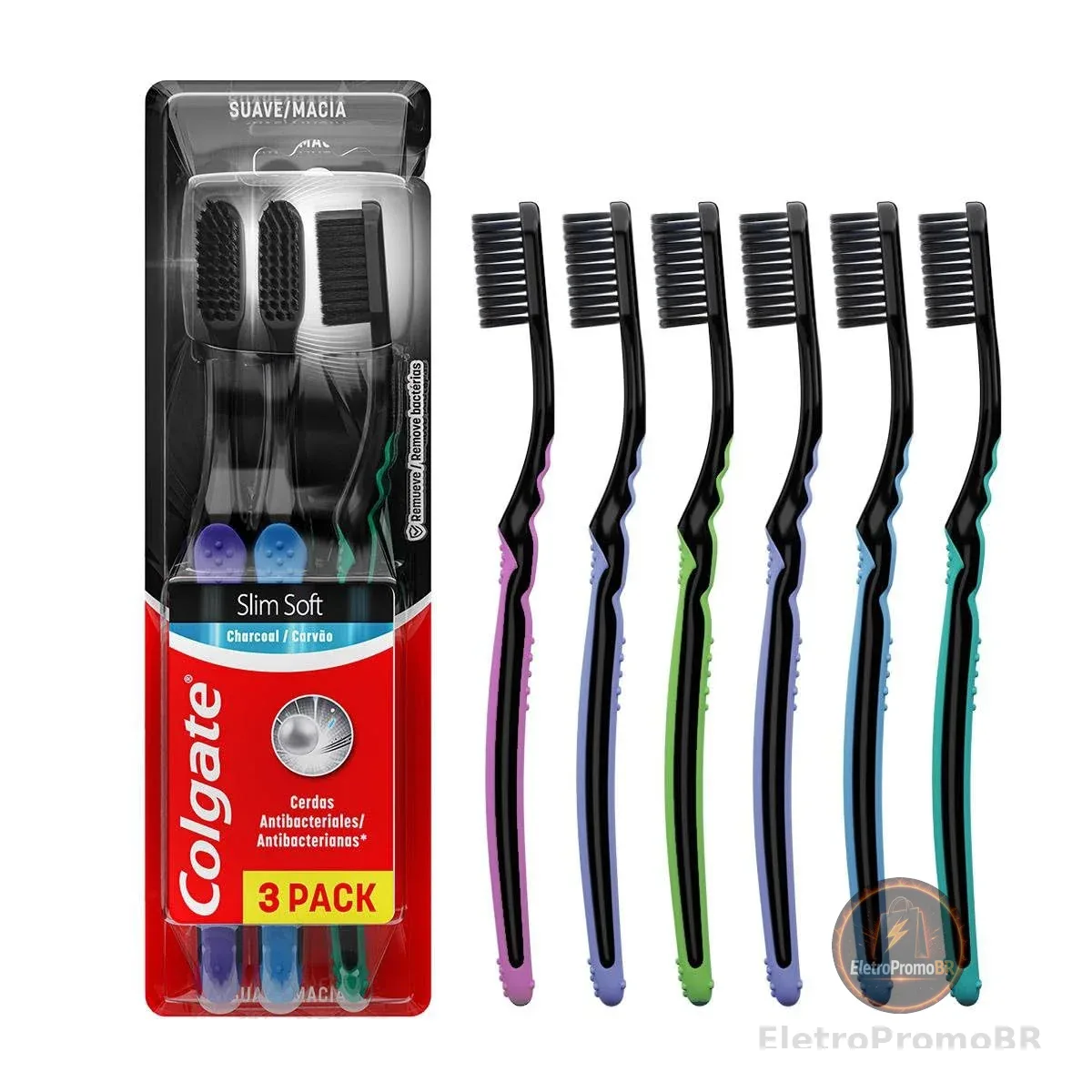 Escova de Dentes Colgate Slim Soft Black com Infusão de Carvão Premium 6 Unidades