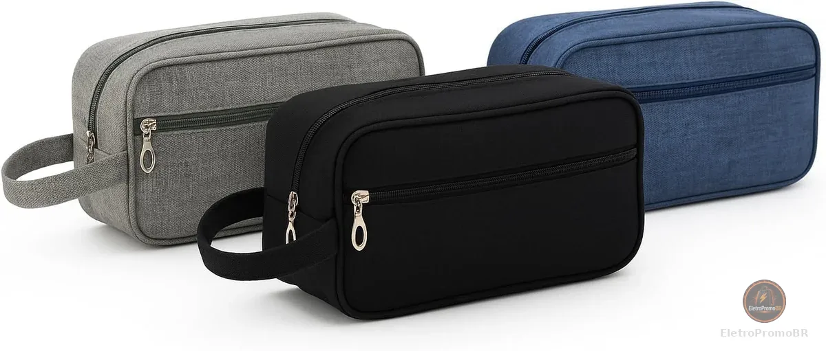 Necessaire Viagem Masculina Feminina com 2 Compartimentos, Alça Lateral, Alta Capacidade, Compacta, Resistente, Ideal para Banheiro, Cosméticos, Higiene Pessoal e Organizador de Mala (Preto)