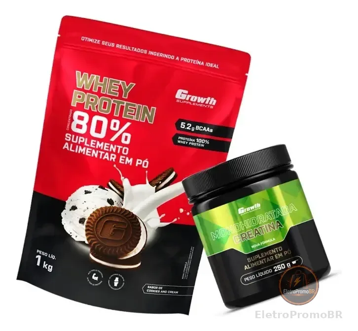 Kit Growth: Whey Protein Cookies And Cream 1kg + Creatina Monohidratada Sem Sabor 250g