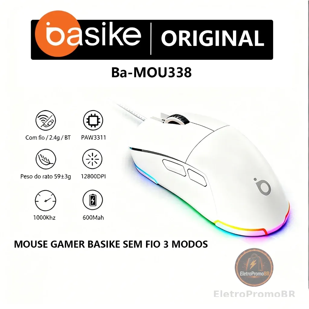 MOUSE GAMER BASIKE SEM FIO 3 MODOS | CONEXÃO BLUETOOTH 5.1, 2.4G e USB | RGB, 12800 DPI, RECARREGÁVEL