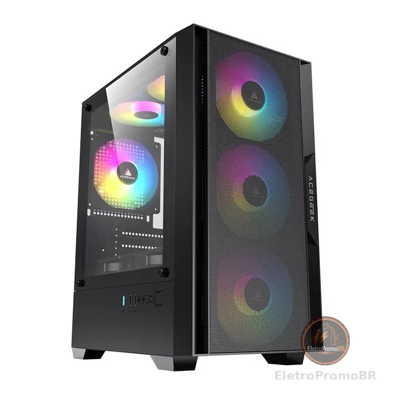 Gabinete Gamer Acegeek Stratus Mesh, Mid-Tower, Lateral de Vidro, Preto, AG-STRATUS-MESH-BK