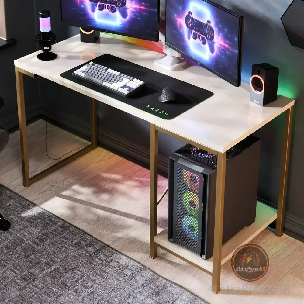 Escrivaninha Gamer Tokyo Mdf Mesa Para Computador Home Office E Estudos Com Suporte Para Cpu E Prateleira Lateral... Dourado/off White