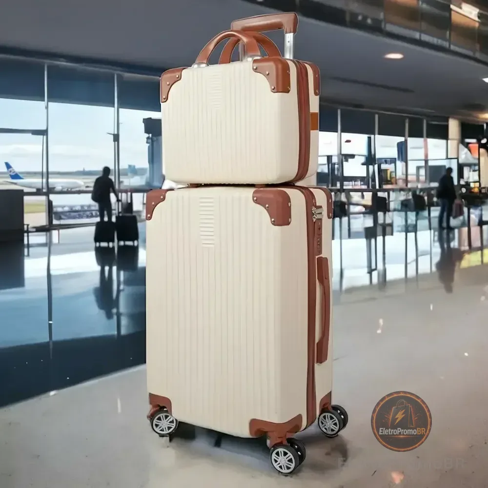 Mala De Viagem 10kg Promoção Rodas 360° Miami Com Frasqueira Bege Listras