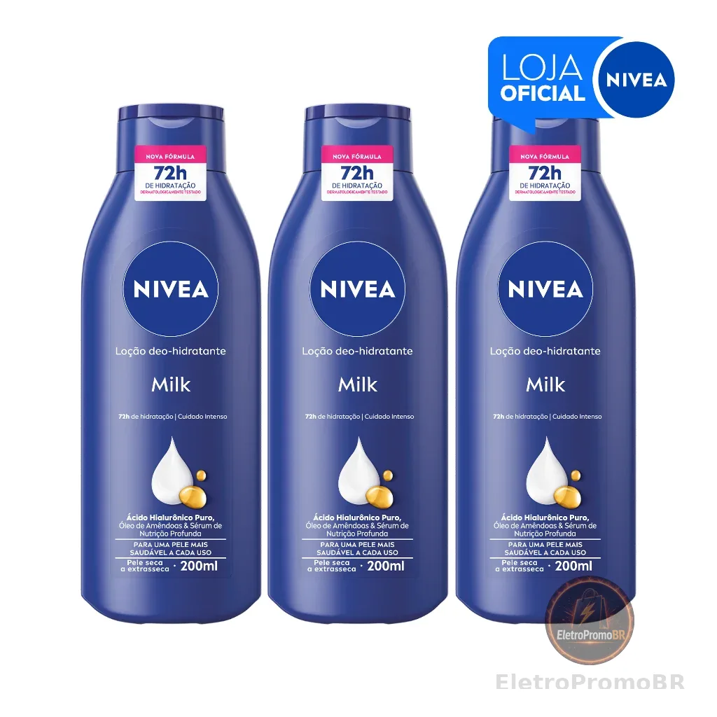 NIVEA Loção Hidratante Milk Pele Seca a Extrasseca 200ml - 3 Unidades