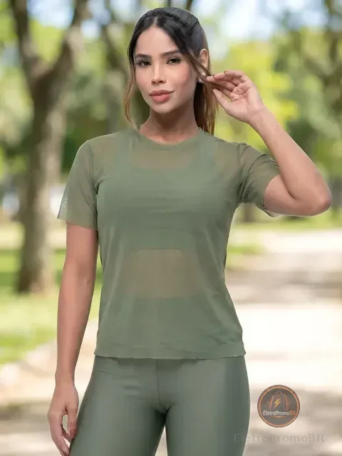 Blusa Tule Feminina Fitness Sobreposição Academia Verão