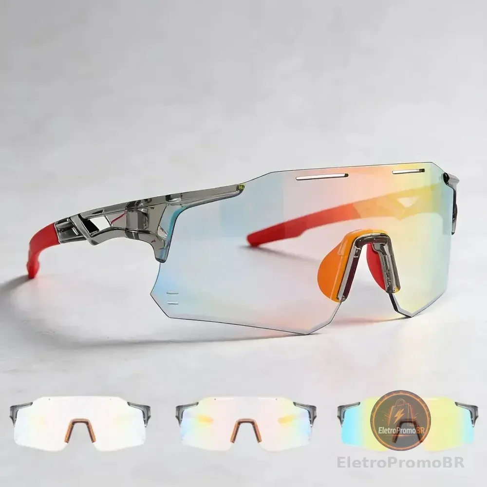 Óculos De Sol Fotocromático Esportivo Corrida Ciclismo Uv400 Vermelho Transparente Cinza