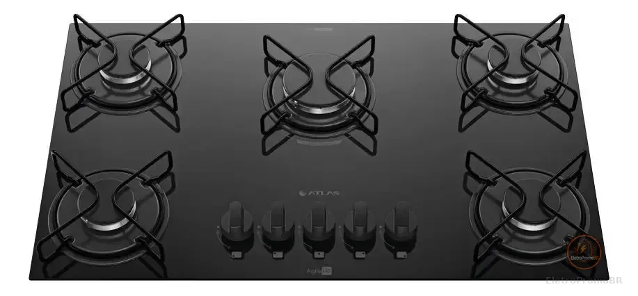 Cooktop 5 Bocas Atlas Agile Up com Mesa De Vidro A Gás Preto Bivolt