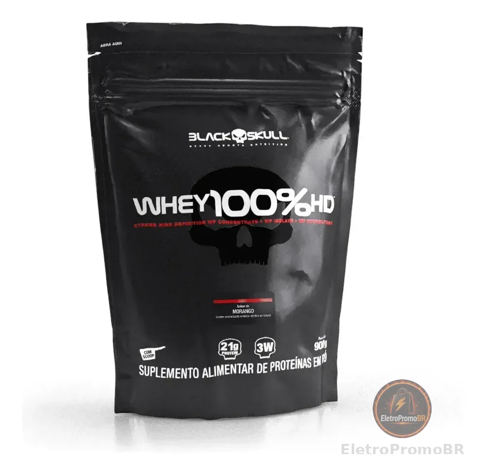 Whey 100% Hd Refil Black Skull - 900g (wpc, Wpi E Wph) Sabor Morango