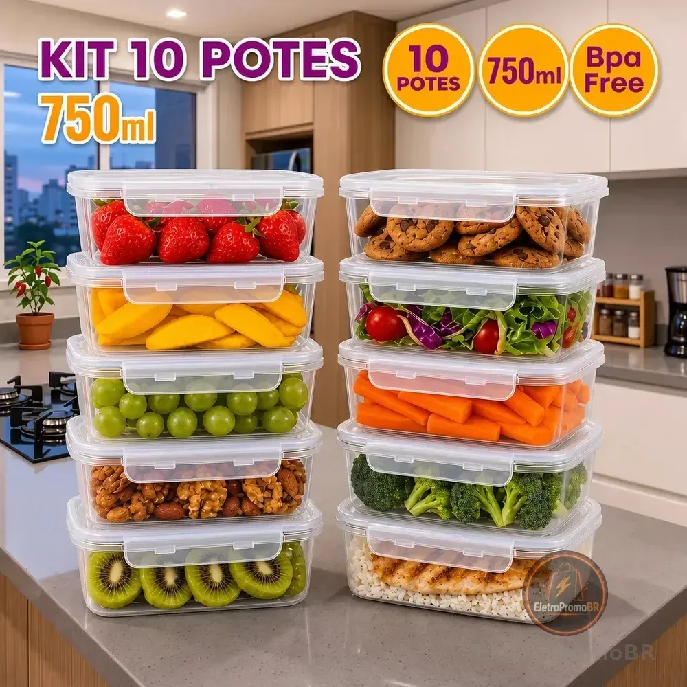 Kit 10 Potes 750ml com Tampa Trava Plástico Transparente para Mantimentos e Alimentos Marmita Organizador de Cozinha Geladeira e Freezer Jogo de Potes para Organização Ponte Lar Utilidades