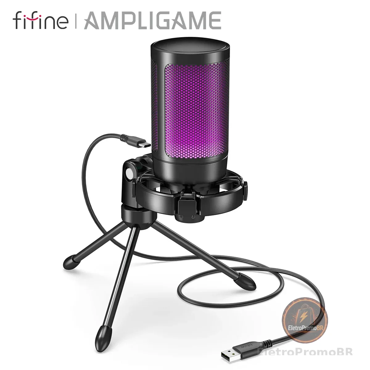 AmpliGame by FIFINE RGB USB Gaming Microphone com luz sensível ao toque mudo, microfone condensador com tripé para PC, PS4/5, laptop Streaming-A2