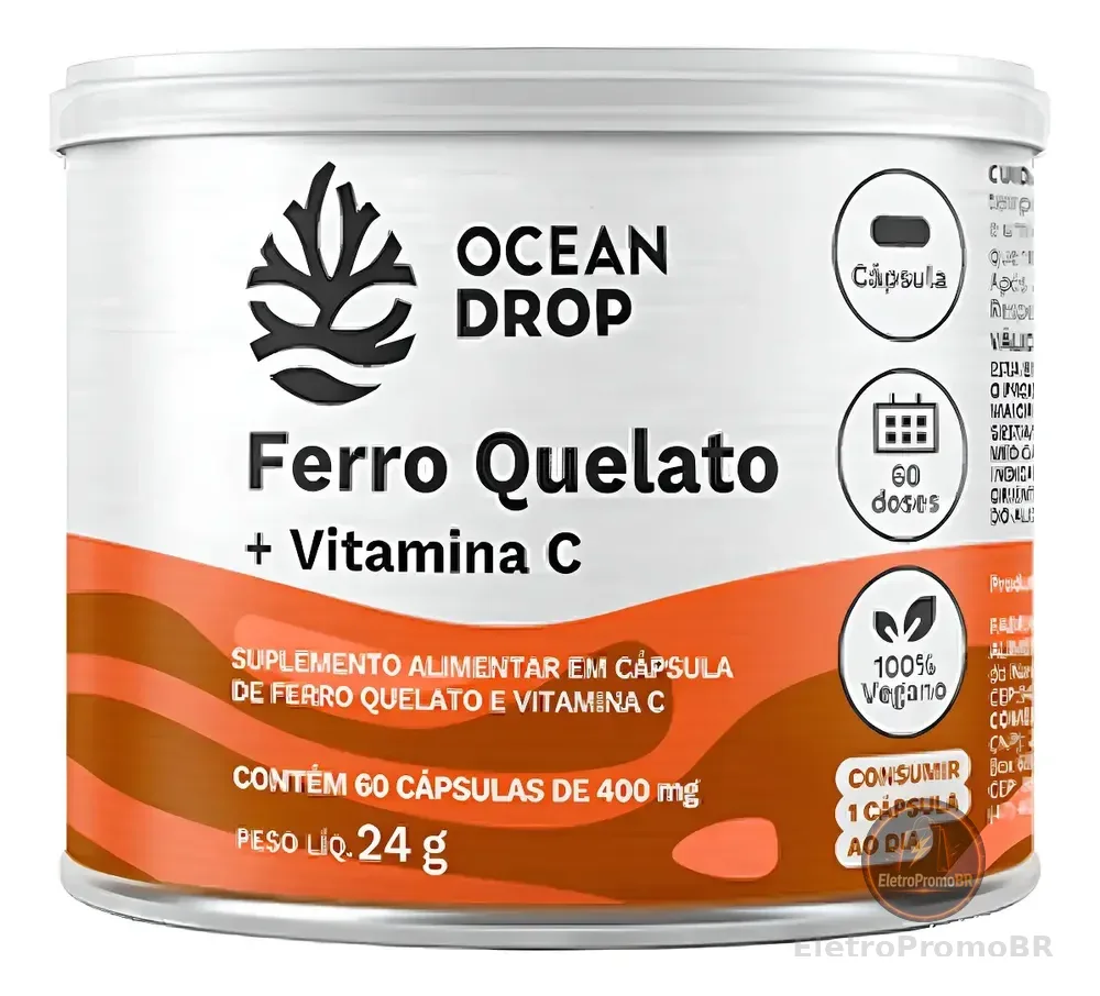 Ferro Quelato + Vitamina C 60 Cápsulas 400mg - Ocean Drop Sem Sabor