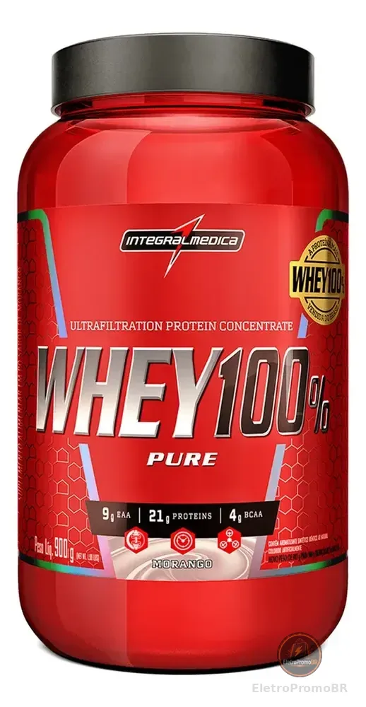 Whey 100% Pure Morango 900g Pote - BCAAs e Energia para Melhor Desempenho nos Exercícios