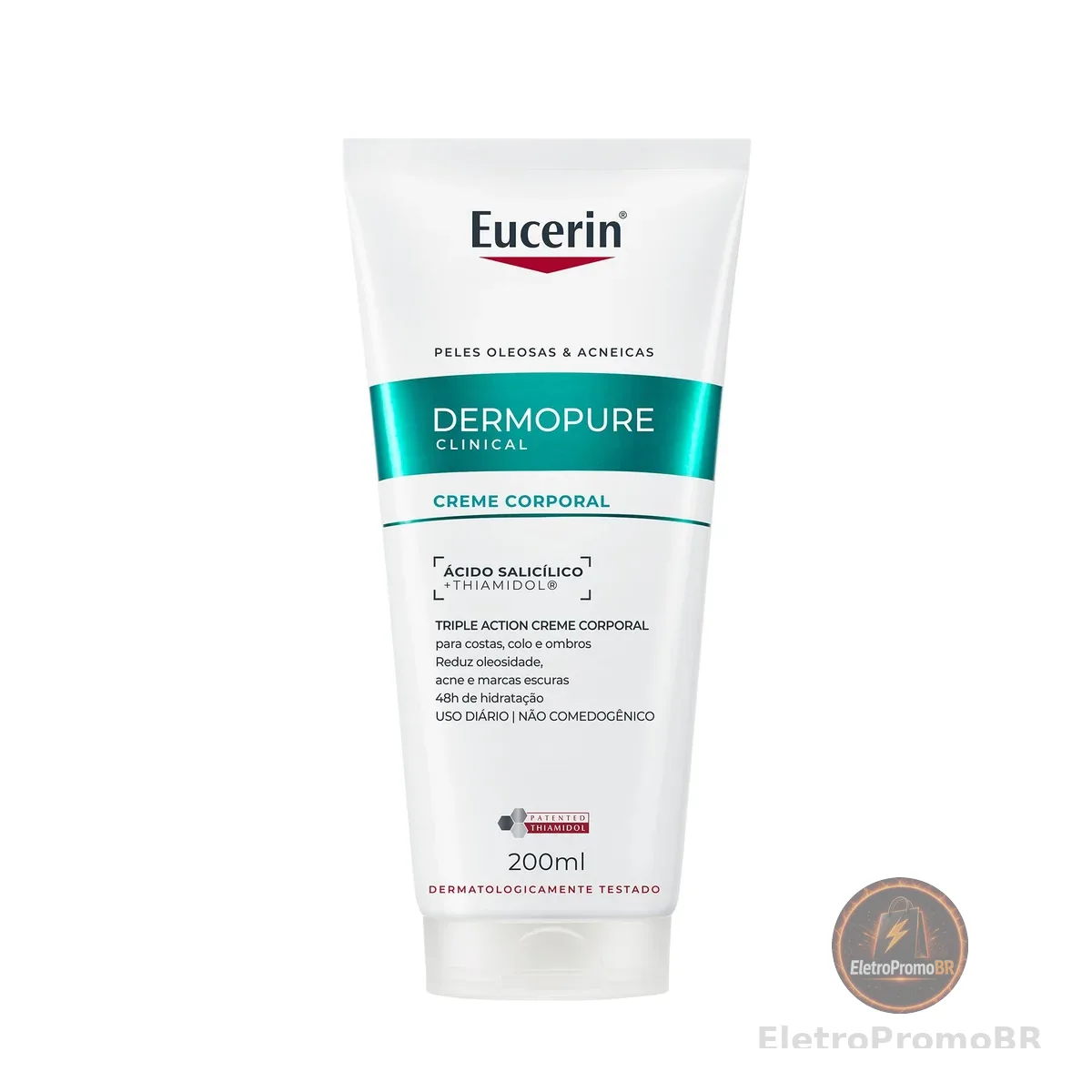 EUCERIN Creme Corporal AntiAcne Dermo Pure Efeito Triplo 200ml, AntiOleosidade, AntiManchas, Thiamidol, Peles Oleosas