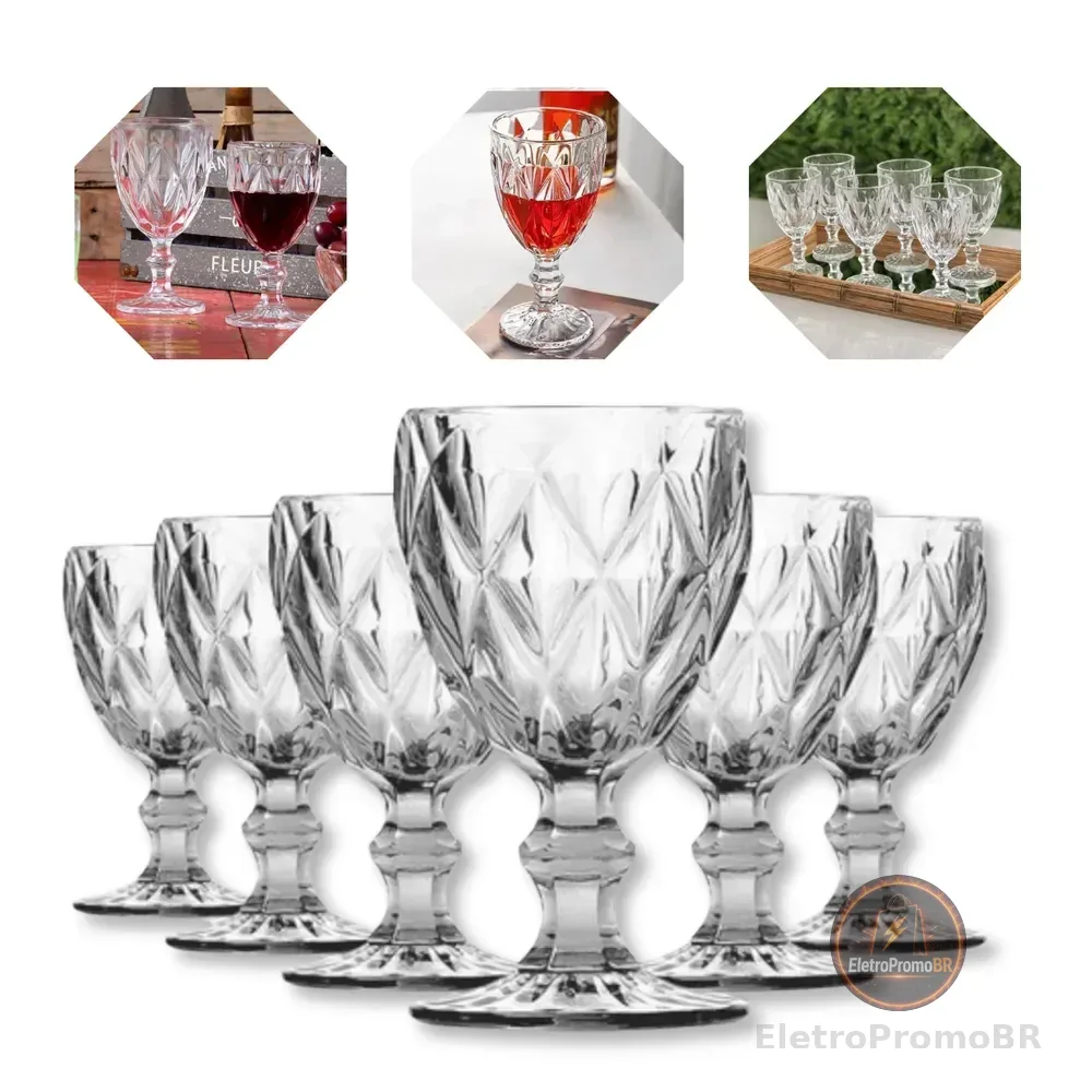 Jogo de 6 Taças Diamond Luxo em Vidro 330 mL para Vinho e Água Gostei!