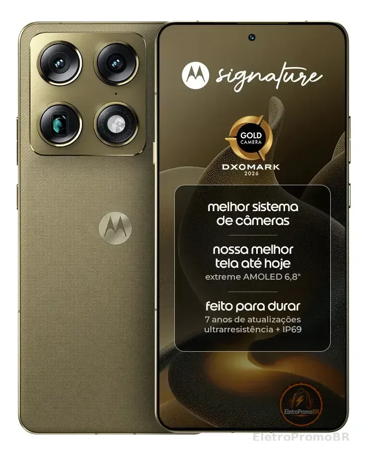 Smartphone Motorola Signature 5G - 512GB 24GB (12GB RAM + 12GB RAM Boost), 3 cameras 50MP Sony Lytia e Zoom 100x, Tela 1.5K extreme Amoled 165hz verde oliva