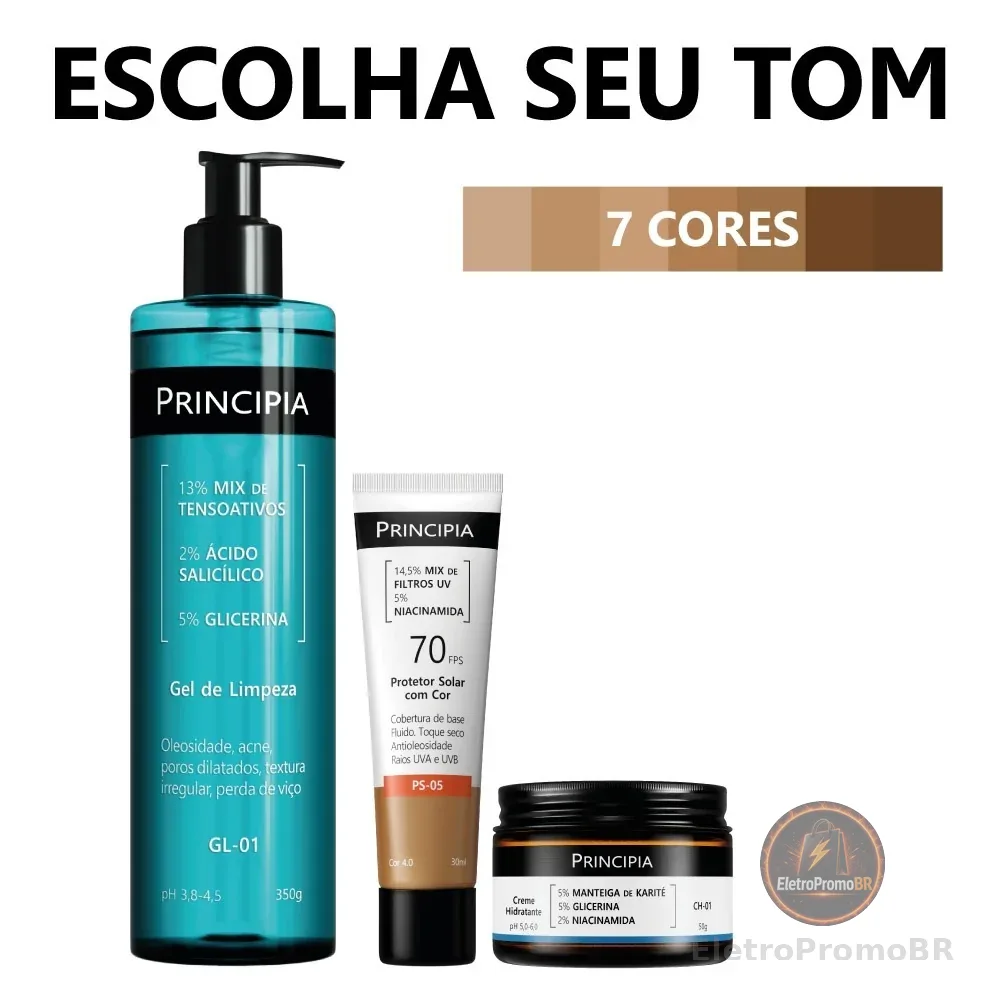 Principia Kit Limpa Hidrata e Protege c/ Gel de Limpeza GL-01 + Creme Hidratante CH-01 + Protetor Cor PS-05 FPS 70