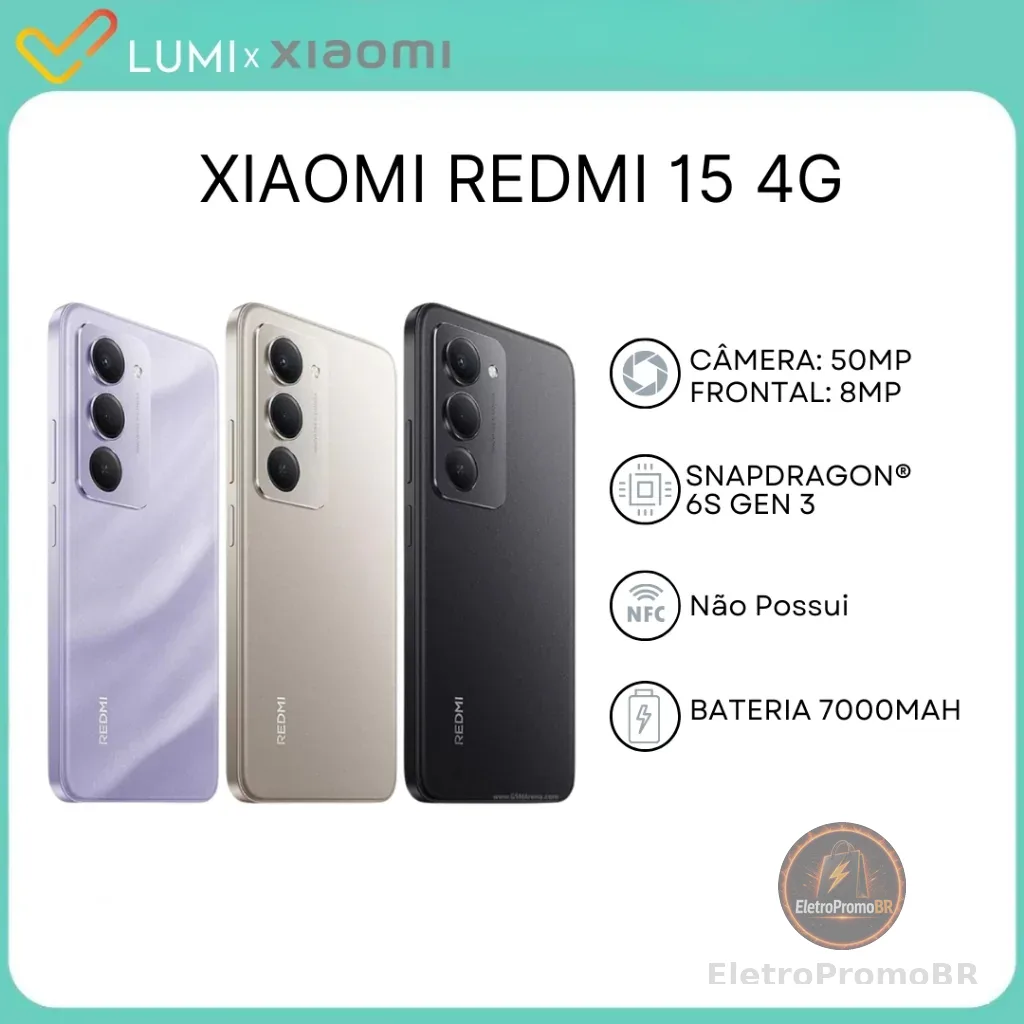 Xiaomi Redmi 15 4G,Versão Global, Bateria 7000mAh, 128/6GB ou 256/8GB Processador Snapdragon 685 , Câmera 50MP