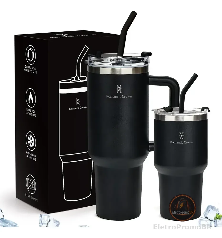 Kit Copo Térmica Inox 1200ml & 600ml Com Tampa E Inox Canudo Preto Cor Pura