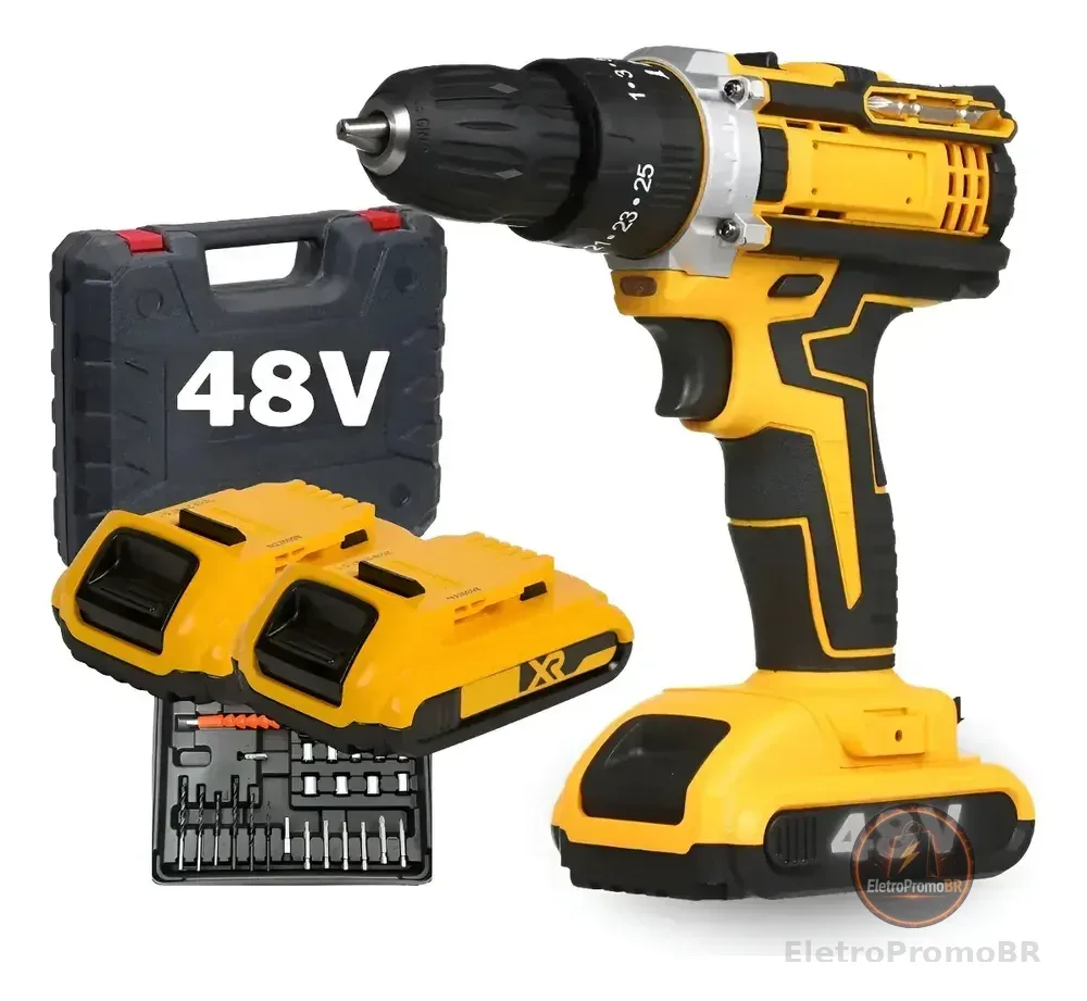 Parafusadeira Furadeira 48v Profissional 2 Baterias Sem Fio Amarelo 127/220v 50 Hz X 60 Hz