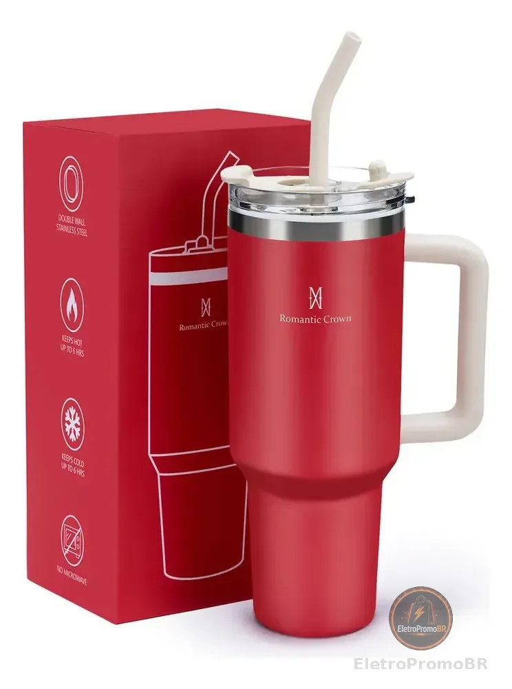 Copo Térmico Inox 1,2l Com Alça, Tampa, Canudo Inox E Escova Cor Vermelho Lisa