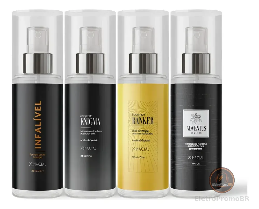 KIT BODY SPLASH MASCULINO INFALIVEL + ENIGMA + BANKER + ADVENTUS 200ML - PRIMACIAL PERFUME AMADEIRADO