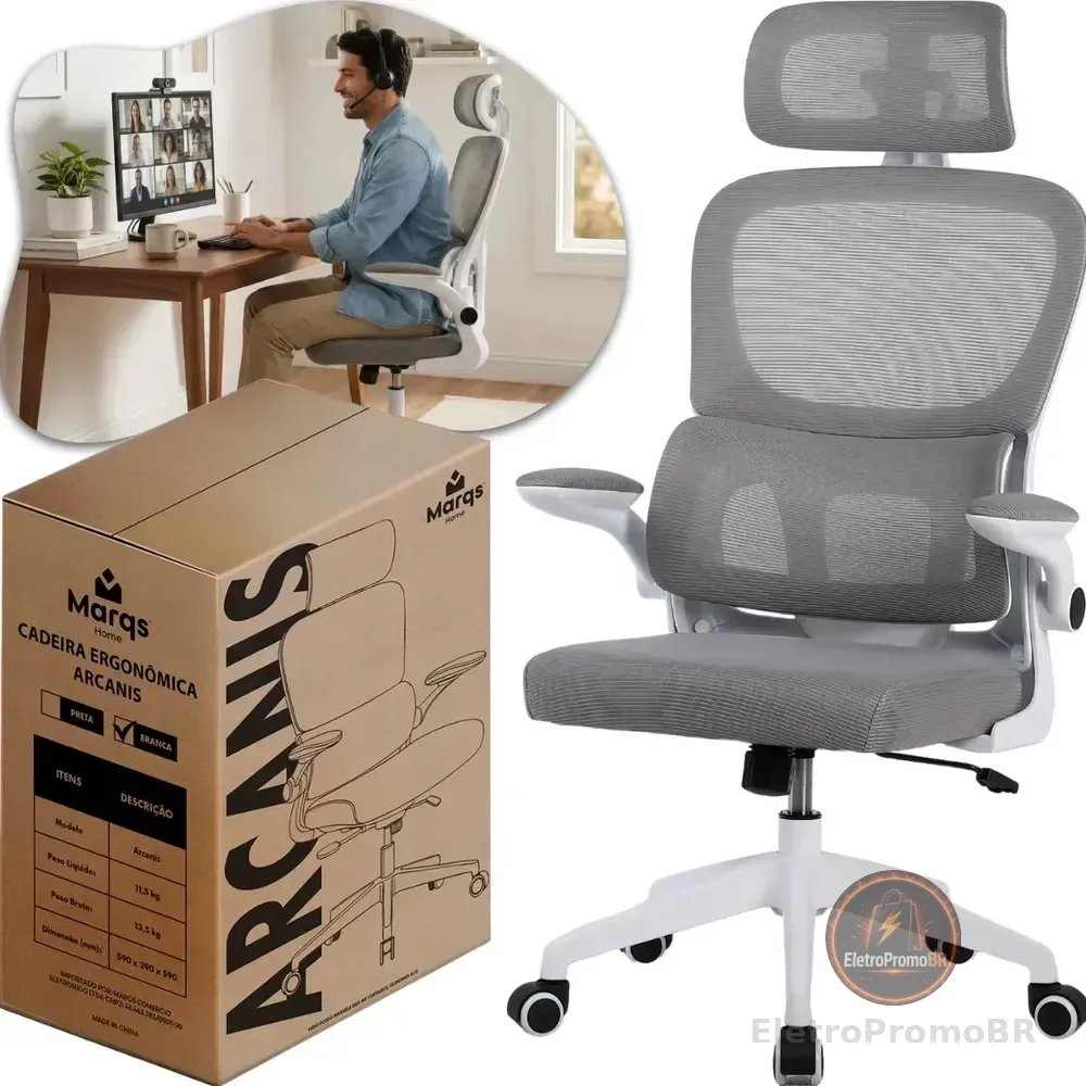 Cadeira Escritório Presidente Ergonômica NR17 Marqs Home Arcanis Cinza com Apoio Lombar e Encosto Mesh Premium