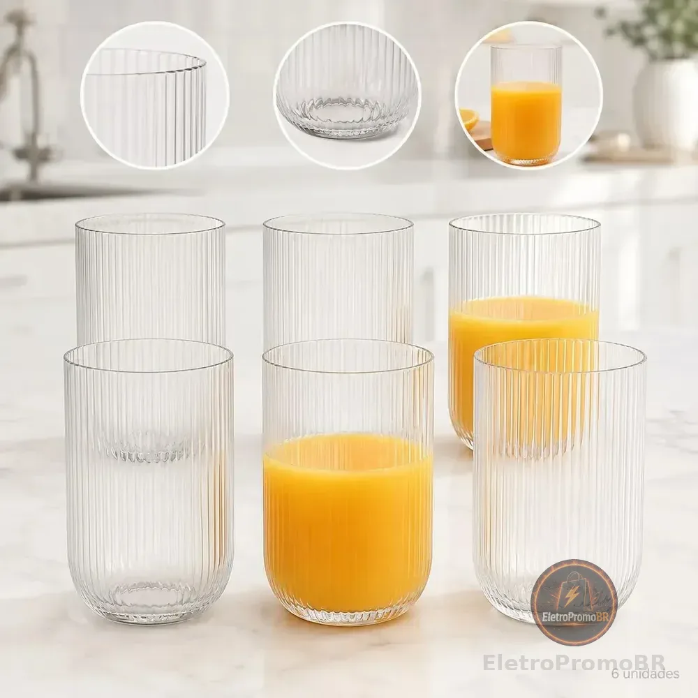 Jogo 6 Copos Vidro Canelado 423ml Luxo Elegante Mesa Posta Água Suco Drink Café Design Premium Copo Texturizado Resistente Moderno Conjunto Sofisticado Cozinha Bar Decoração