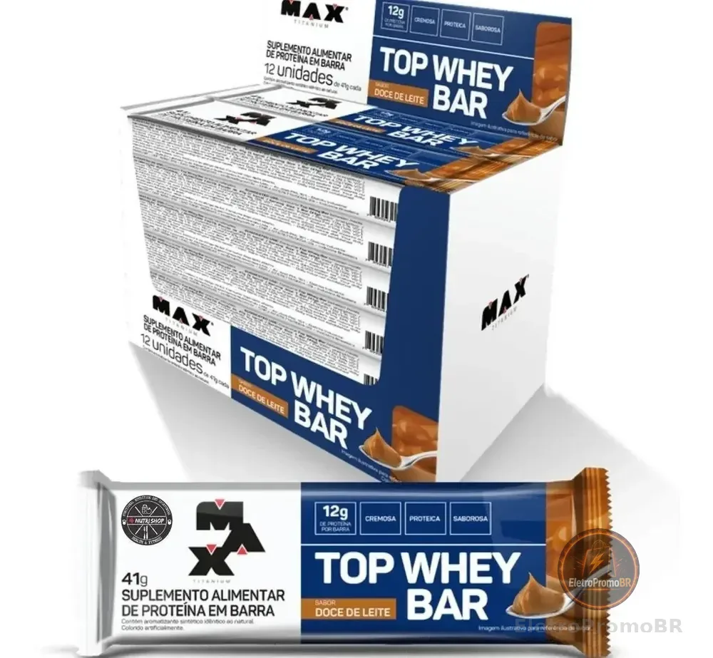 Barra de Proteína 12 Unidades Top Whey Bar Max Titanium Amendoim Alto Proteico Sabor Doce de Leite
