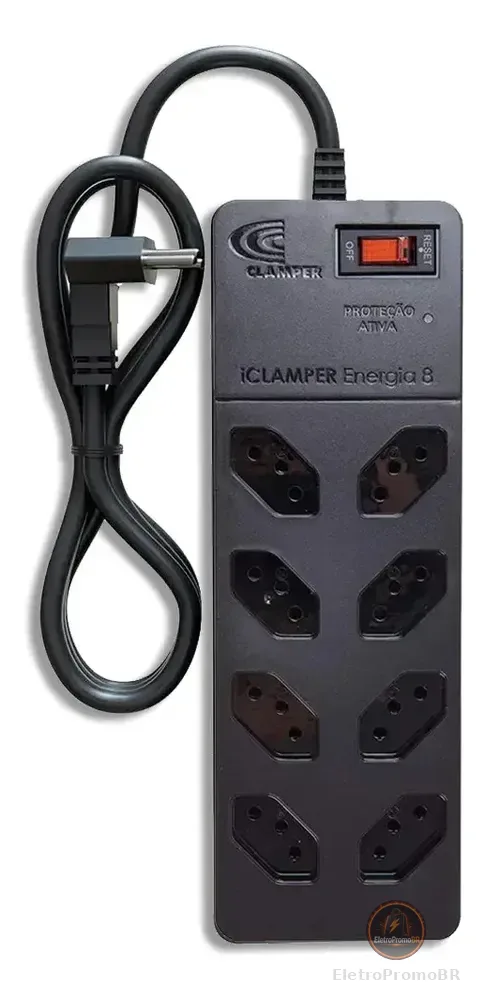 Filtro de Linha com Protetor de Surto DPS iCLAMPER Energia 8 Tomadas 3 Pinos 10 Amperes com Tecnologia LCF Anti Raio Cor Preto