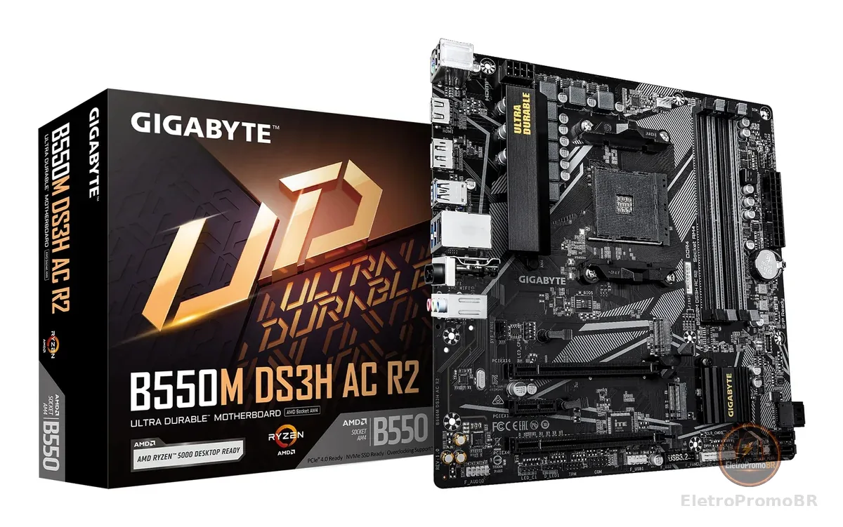 Placa-Mãe Gigabyte B550M DS3H AC R2 DDR4 AM4, Micro-ATX, Wi-Fi 5, 2× M.2, HDMI/DisplayPort, 4× USB 3.2 – Base Gamer/PC AMD