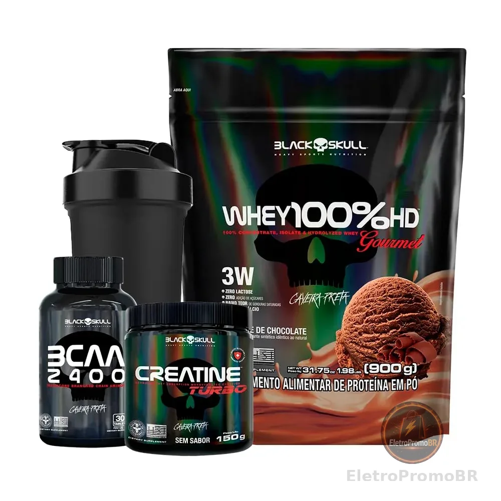Combo Whey 100% HD Gourmet + Bcaa + Creatina- Black Skull (Chocolate)