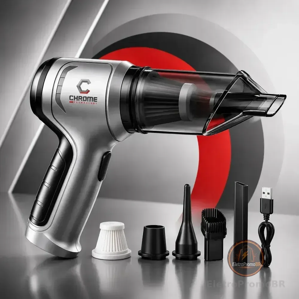 Mini Aspirador De Pó Portátil Recarregável Chrome Technology Soprador Usb Automotivo 3em1 Sem Fio Premium Vácuo Limpeza Carro Multifuncional Casa