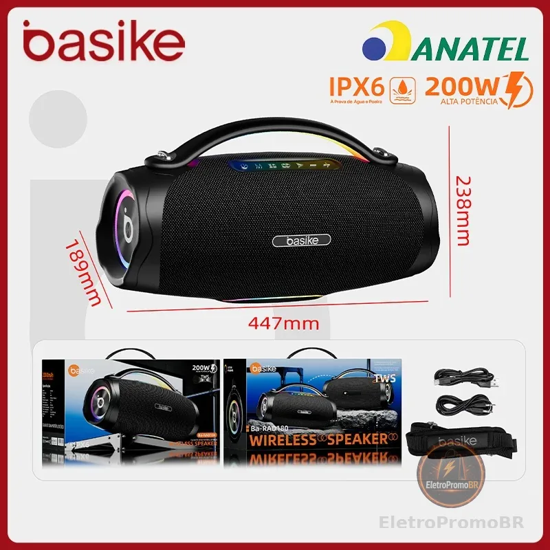 Basike alto-falante bluetooth 5.4 sem fio 200W Caixa Subwoofer Som Estéreo De Alta Fidelidade Party Ipx6，RAD180