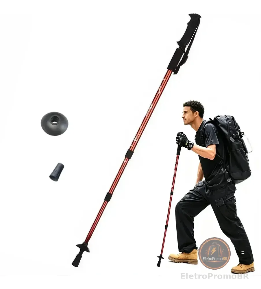 Bastão De Caminhada Para Trilha Ergonomia Vermelho Retrátil Vermelho