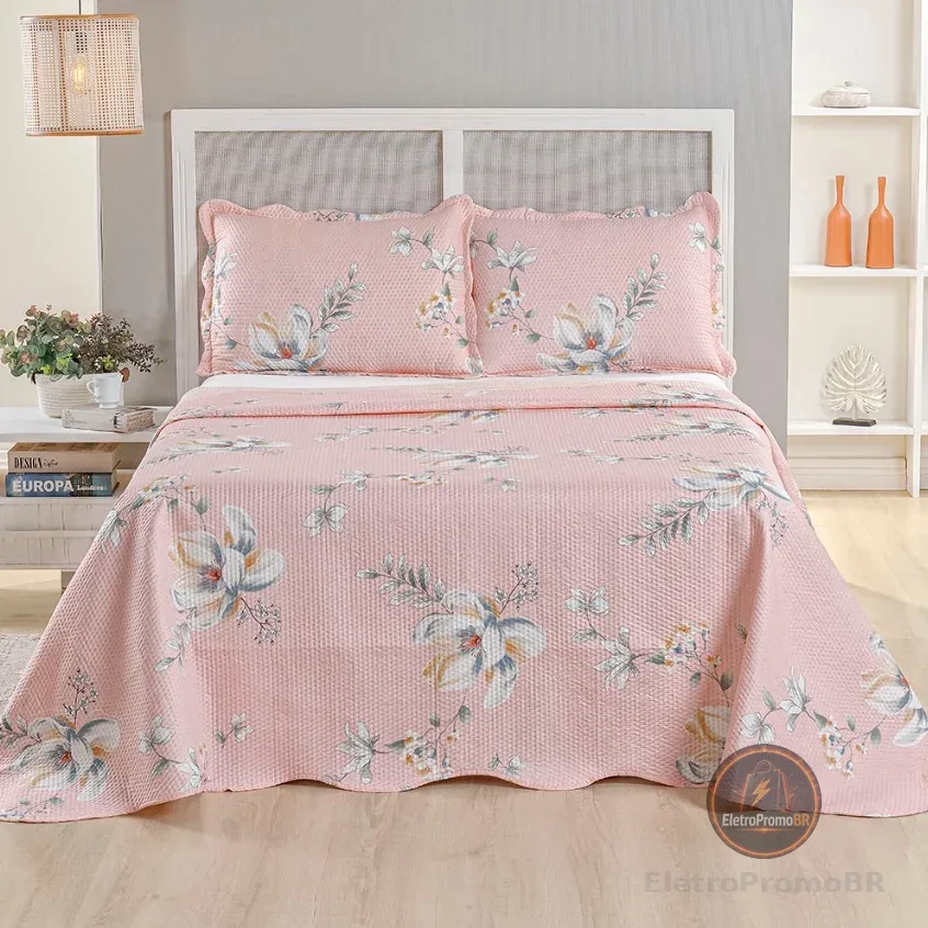 Kit Cobre Leito Colcha Queen Bouti 3 Peças Dupla Face Estampada Porta Travesseiro Aba Americana