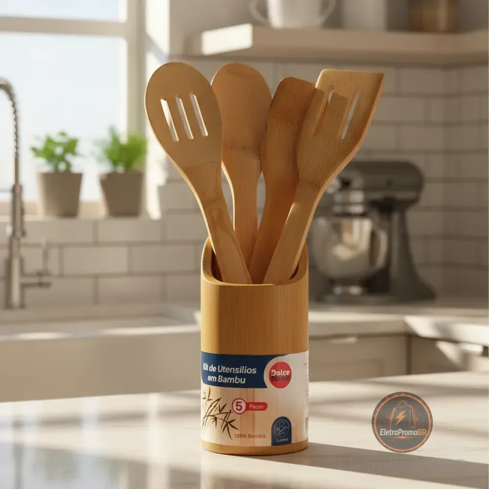Kit De Utensílios Bambu 5 Peças Pau Colher Garfo Espátulas Bambu