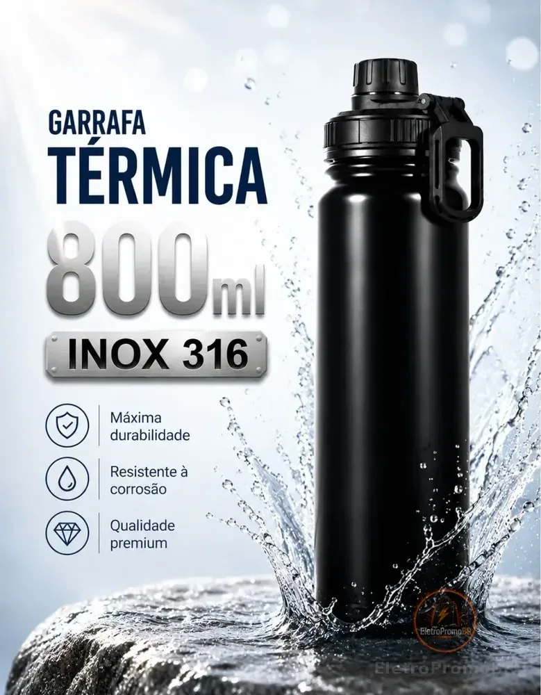 Garrafa Térmica 800ml Água Azarte Inox Academia Com Alça Preta