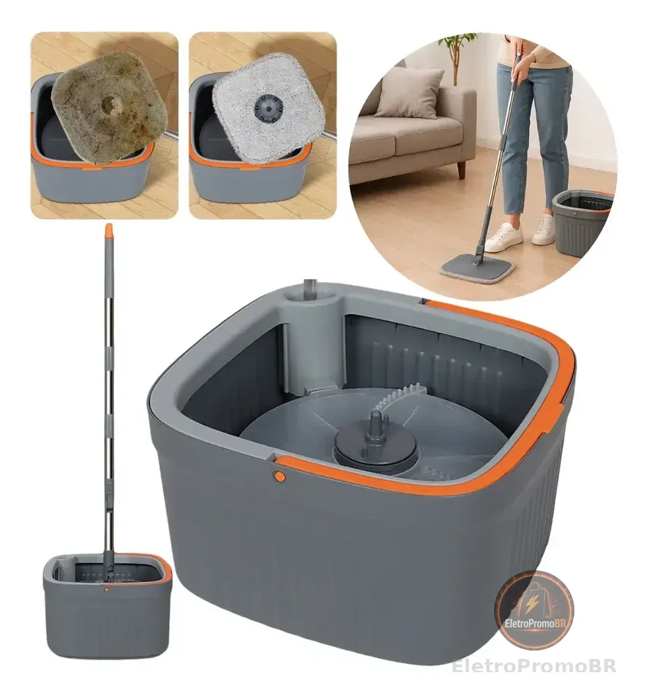 Mop Giratorio Agua Limpa Quadrado Compartimentos Separados Cor Cinza-escuro Import Poemme