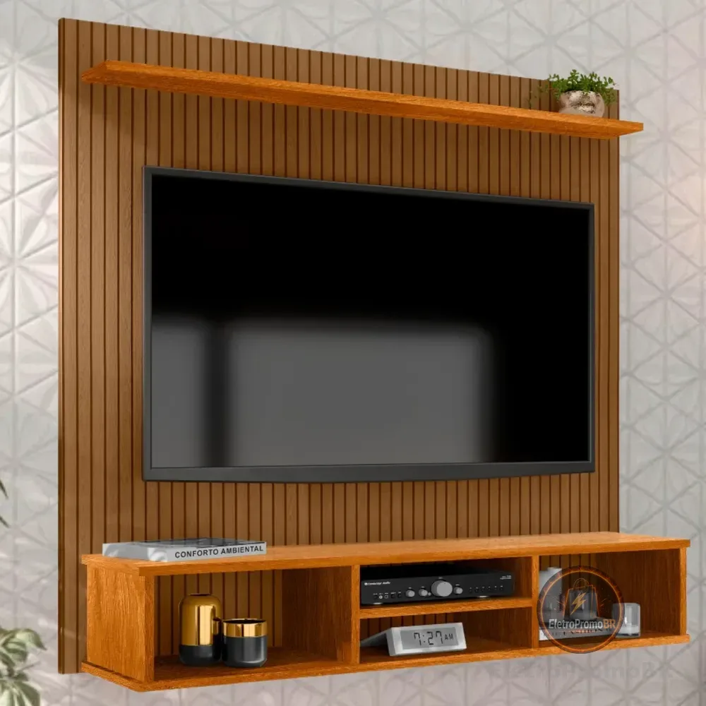 Painel Suspenso Everest TV Até 50" Cor Naturale MDP Design Ripado 3 Nichos