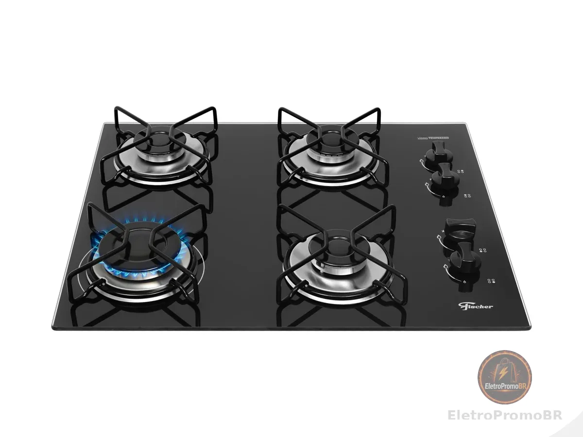 FISCHER COOKTOP À GÁS 4 BOCAS FIT LINE TREMPE ARAMADO MESA VIDRO PRETO BIVOLT 36350-102675