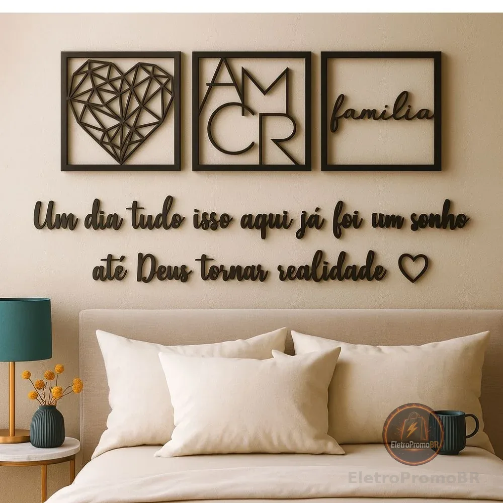 Kit 3 Quadros Cabeceira Familia Coração Geométrico Amor + Frase de Parede Variados Sala Mini coração