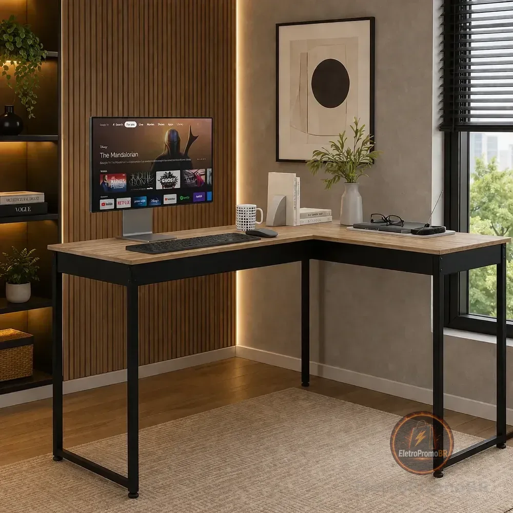 Mesa L De Canto Para Estudo Retro Design Nórdico Mod: Pier Lâmina Com Preto