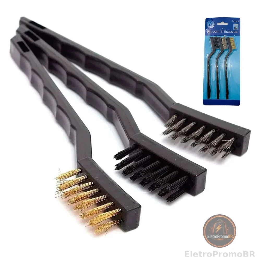 Escovas de Aço Multiuso Kit 3 Pcs Aço Latão Nylon Cabo Plástico