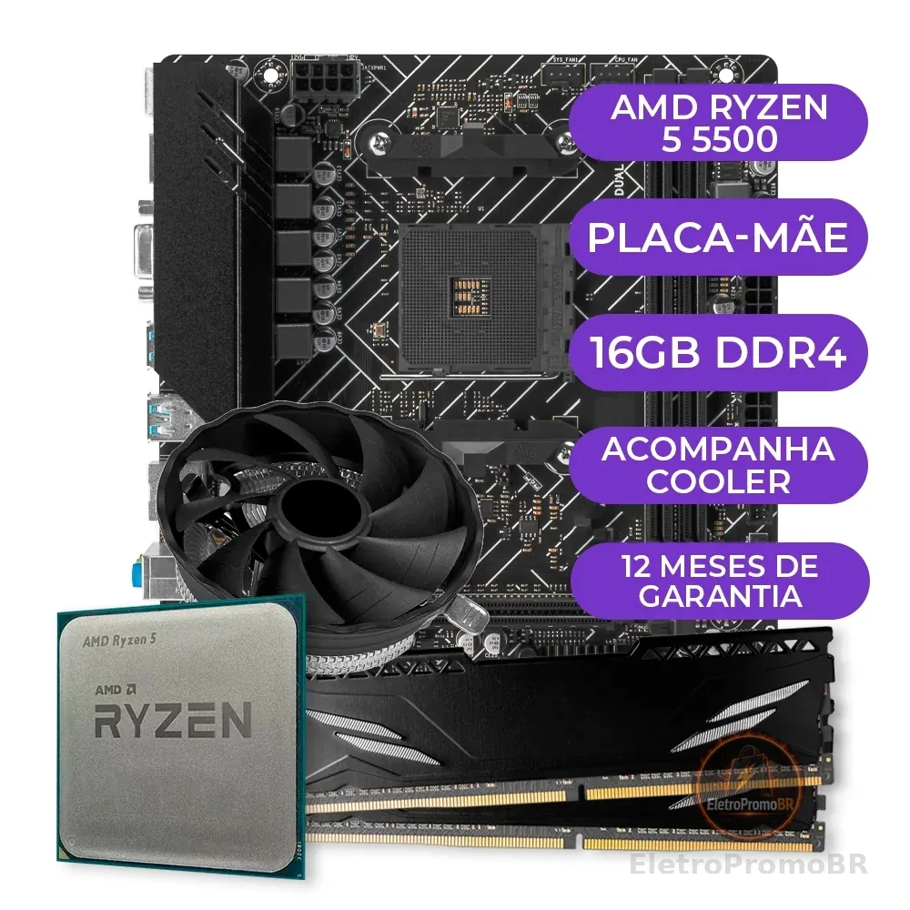 Kit Upgrade Gamer, Processador AMD Ryzen 5 5500, A520M, 16GB DDR4