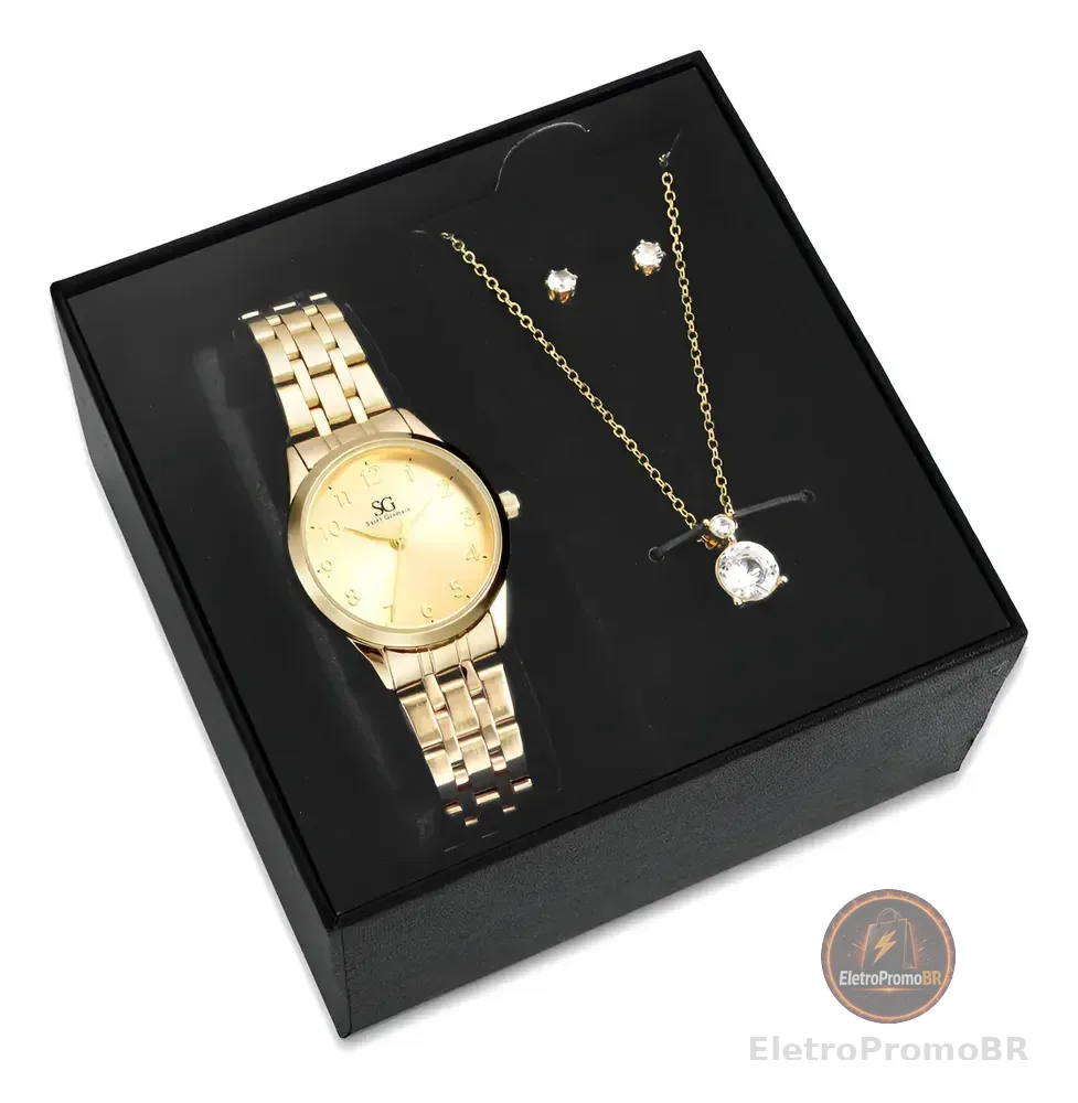 Kit Relógio Colar E Brincos Ponto De Luz Dourado Feminino Luxo Golden Saint Germain Presente Original Joias Elegante Clássico 28mm