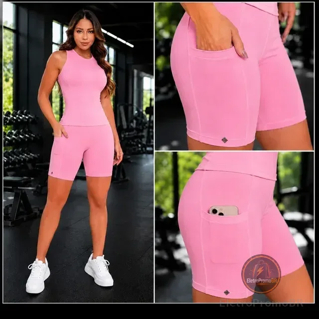 Conjunto Feminino Fitness Blusa Regata Short Bolso Academia