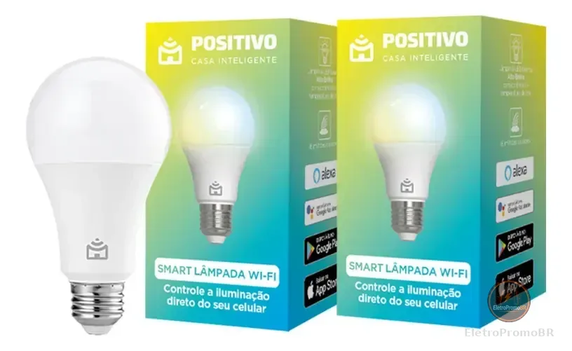Kit 2 Lâmpadas Smart Wi-Fi Positivo Casa Inteligente 9W Bivolt, Compatível com Alexa e Google Assistente, Controle por App e Voz, RGB