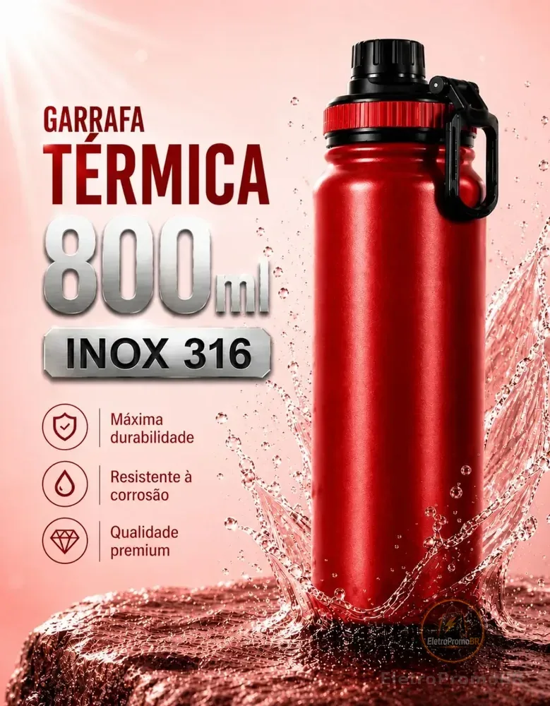 Garrafa Térmica 800ml Água Azarte Inox Academia Com Alça Vermelha