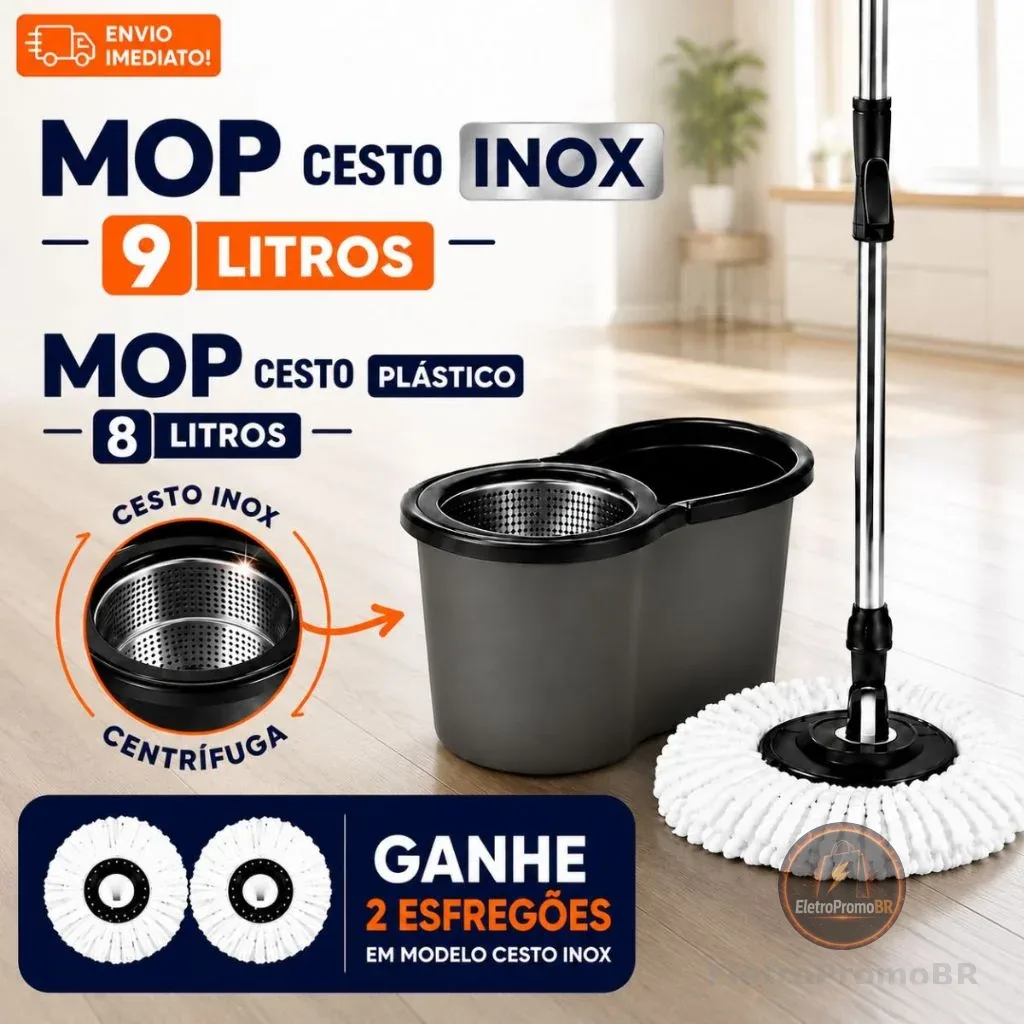 Mop Giratório 360° Esfregão Multiuso Com Centrífuga Balde Alça Cabo Reforçado Microfibra Cesto Inox 9L Ou Plástico 8L